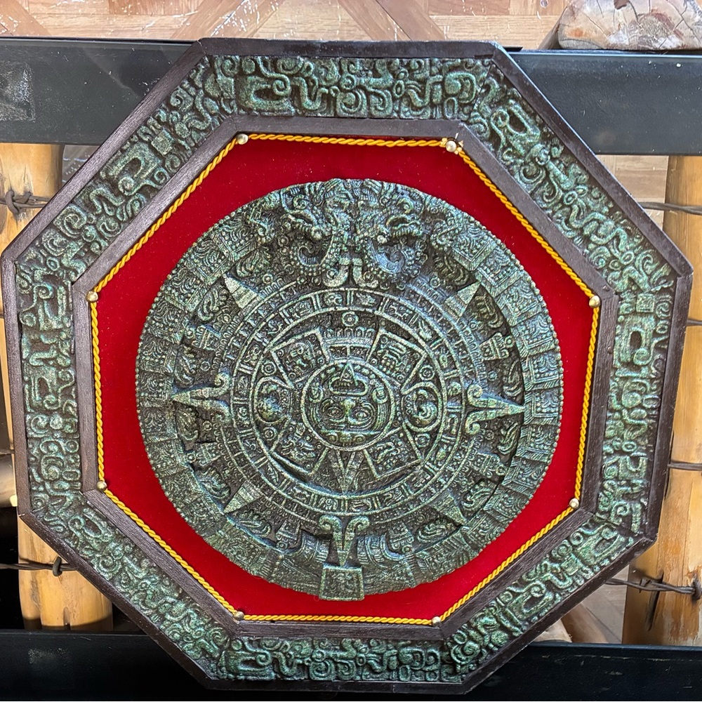 Intricate Aztec Calendar Wall Art in Red and Green